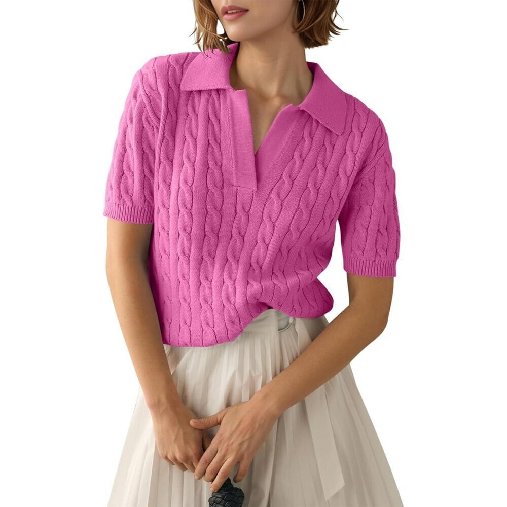 Womens Pink Short Sleeve Sweater Top Cable Knit Casual Summer V Neck Polo Shirts - Picture 1 of 6